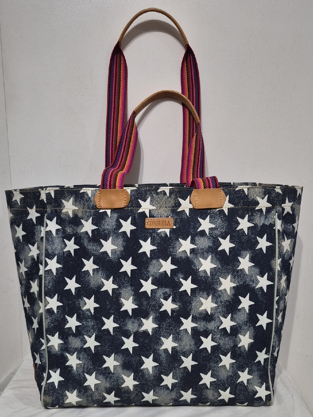 Consuela Navy Star Canvas Tote with Pink Stripe Handles